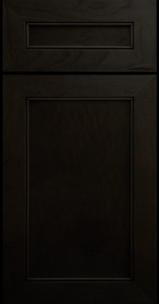 Alpine-style mitered shaker cabinet in Onyx Stain with a flat center panel & inside bead detail.